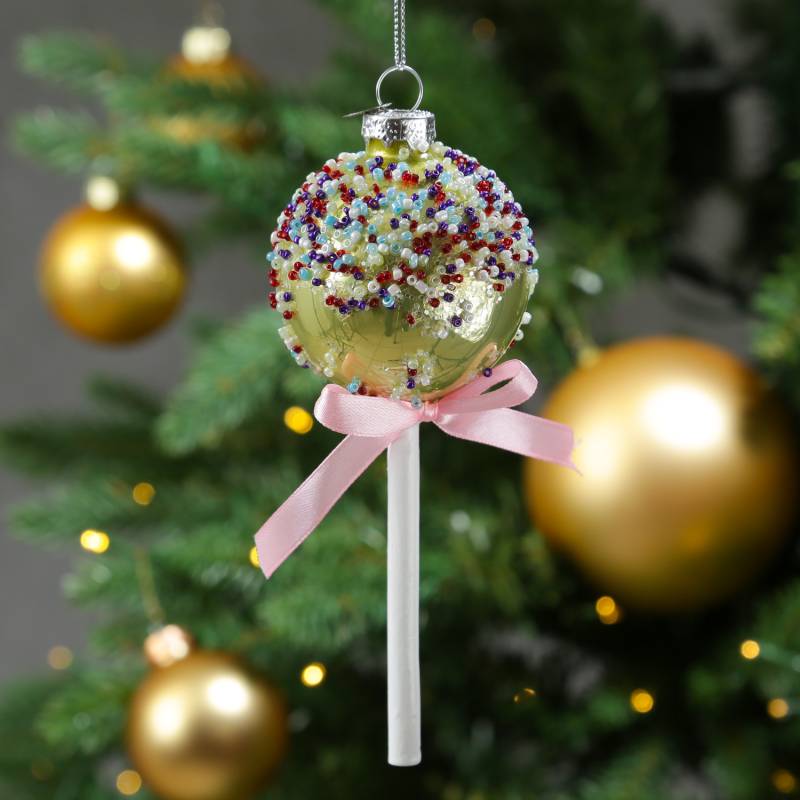 Weihnachtsbaumschmuck Lolli - mit Perlen verziert - Glas - Christbaumschmuck - H: 16cm - gold von MARELIDA