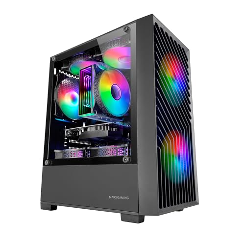 MARSGAMING MC-Vortex, MicroATX Gaming-Gehäuse, Geometrisches Mesh-Frontpanel, Seitenscheibe aus gehärtetem Glas, 3X 120mm FRGB Rainbow Lüfter, Kompaktes PC-Gehäuse mit Doppelkammere-Design, Schwarz von MARSGAMING