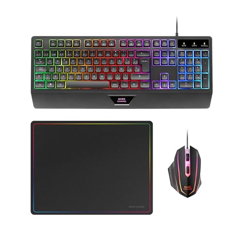 MARSGAMING MCP124, 3in1 Gaming Combo, Ergonomische H-Mech LED RGB Tastatur, RGB Maus 3200DPI HUANO Switches, Nanotextil-Mauspad 360x260mm, Multiplattform-Kompatibilität, Spanisches Layout, Schwarz von MARSGAMING