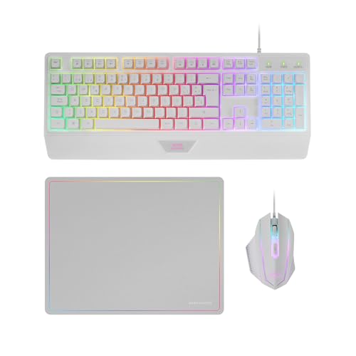 MARSGAMING MCP124, 3in1 Gaming Combo, Ergonomische H-Mech LED RGB Tastatur, RGB Maus 3200DPI HUANO Switches, Nanotextil-Mauspad 360x260mm, Multiplattform-Kompatibilität, Spanisches Layout, Weiß von MARSGAMING