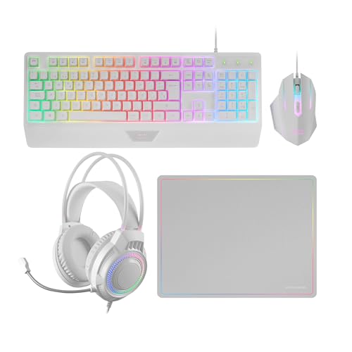 MARSGAMING MCP124PRO, Gaming-Combo 4in1, RGB H-Mech-Tastatur mit Handballenauflage, RGB-Maus 3200DPI HUANO-Schalter, FRGB-Headset, Nanotextil-Mauspad 36x26cm, Multiplattform, Spanisch, Weiß von MARSGAMING