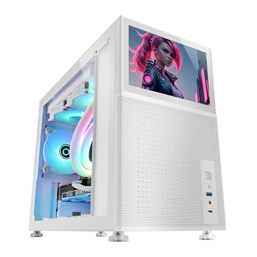 Mars Gaming MC-LCD, Kompaktes Micro-ATX PC-Gehäuse, 8" IPS LCD-Display, Seitliches, Oberes und Vorderes Mesh-Gitter, Seitenfenster Gehärtetem Glas, Mini-Tower Gaming Modularem Panel-Design, Weiß von Mars Gaming