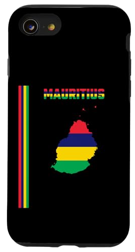 Hülle für iPhone SE (2020) / 7 / 8 Vertikale mauritische Flagge, Text "Mauritius" und Silhouettenkarte von MASH MOSH