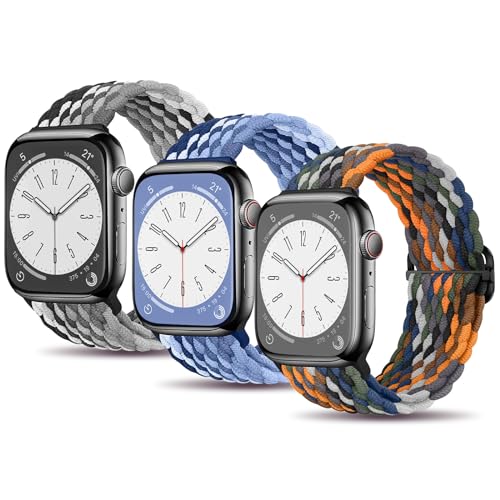 MATCHEASY Geflochtenes Armband Kompatibel mit Apple Watch 41mm 40mm 38mm 45mm 44mm 42mm 49mm für Damen und Herren, Elastisches Nylon Band für iWatch SE 9 8 7 6 5 4 3 2 Ultra, 3 Stück von MATCHEASY