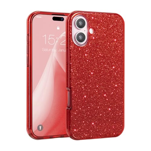 MATEPROX Handyhülle Kompatibel mit iPhone 16, Glitzernde 3-Schicht Schutzhülle für Mädchen und Frauen, Stoßfest und Kratzfest, Trendy Hülle für iPhone 16 2024-Rot von MATEPROX