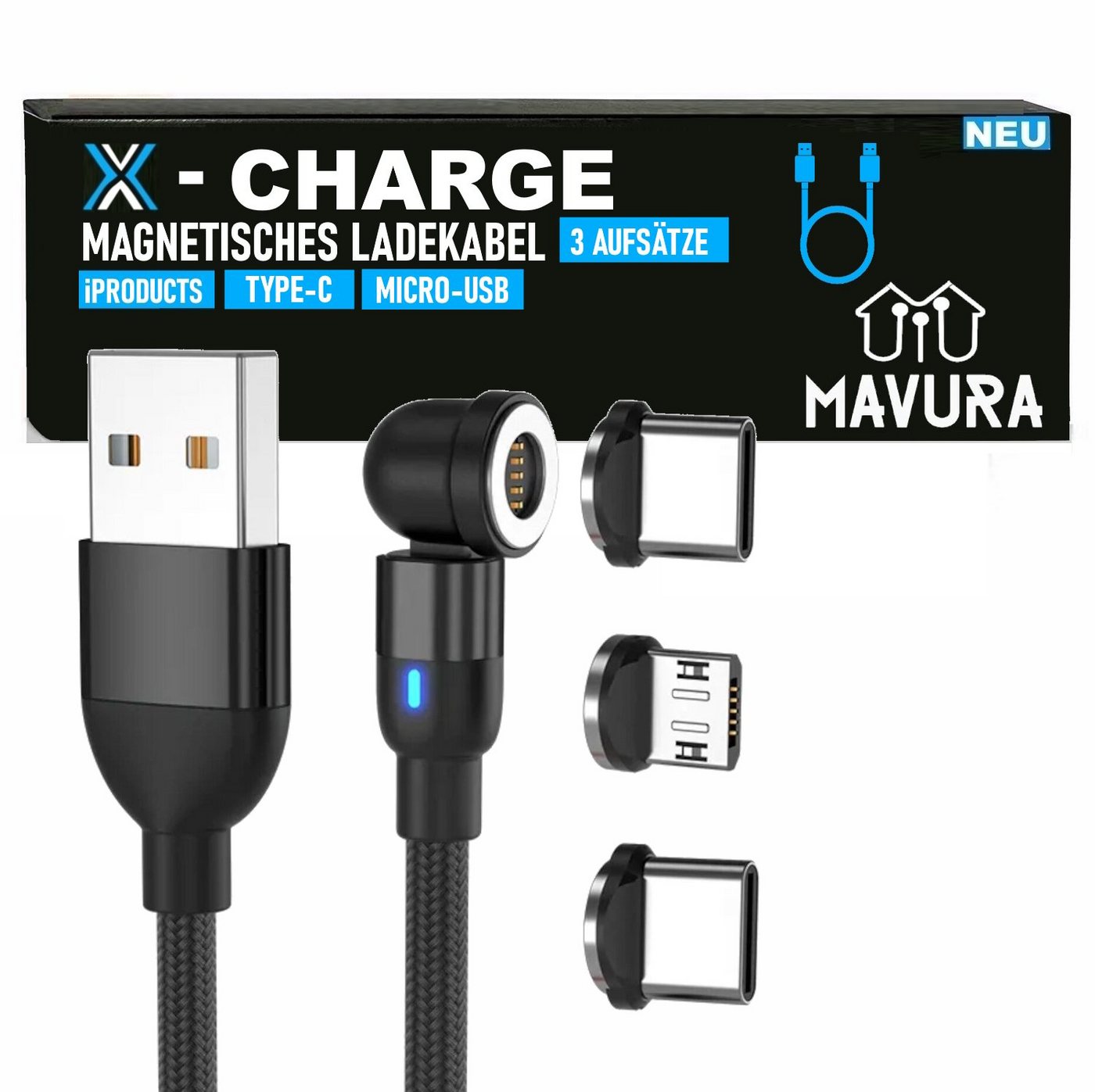 MAVURA X-CHARGE USB 360° Schnelladekabel 3 Adapter Magnet Rotation magnetisches Ladekabel, Ladekabel Type C Micro USB iProducts (für iPhone, iPad, etc) von MAVURA
