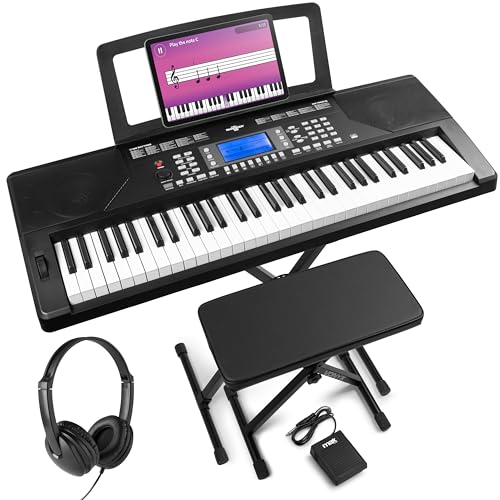 MAX Rhapsody61P - MIDI Keyboard Piano mit 61 Tasten und Pitch-Wheel, Keyboard mit Ständer, Kopfhörer & Sustain Paddle, Anschlagdynamik, LCD Display, Lern-Funktion, 8h Akku, 40 Demosongs, 300 Sounds von MAX