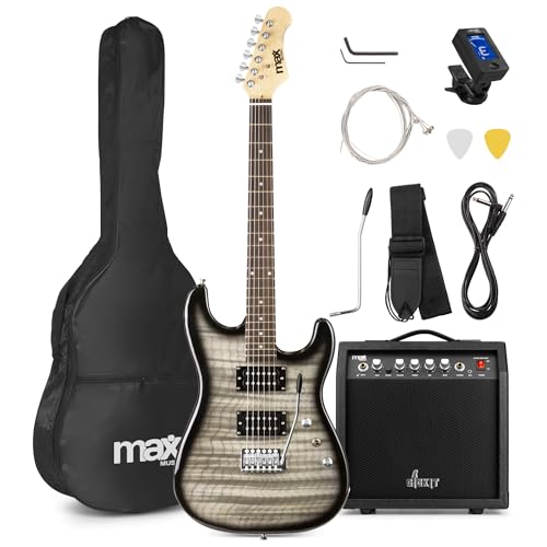 Max GigKit E Gitarre Quilted Style, E Gitarren Set mit Verstärker, Gitarrentasche, Plektrum, Stimmgerät Gitarre, Instrumentenkabel, Ersatzsaiten und Gitarrengurt, 22 Bünde - Schwarz von MAX