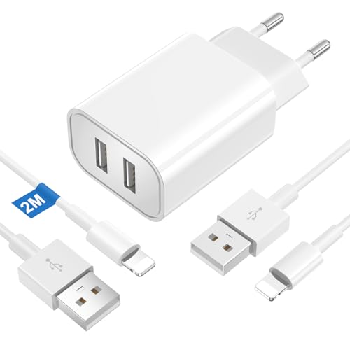 Schnellladegerät i- Phone [MFi zertifiziert] 2 Ports, USB-Ladegerät i- Phone mit 2 Kabeln für iPhone 2 m, doppelter USB-Adapter, Wandnetzteil, Ladegerät, kompatibel mit iPhone 14/13/12/11 Pro MAX/8/SE von MAXZIQF