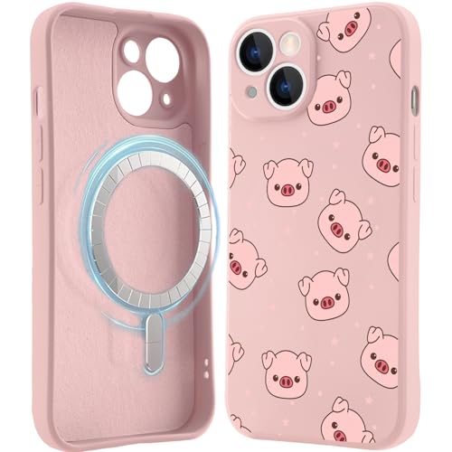 MAYCARI MagSafe-Schutzhülle für iPhone 15, süßes rosa Schwein, schwarz, magnetische Silikon-Schutzhülle für Mädchen, Cartoon-Design, weiches Gel-Gummi, Ganzkörper-Schutzhülle, Mikrofaserfutter, von MAYCARI