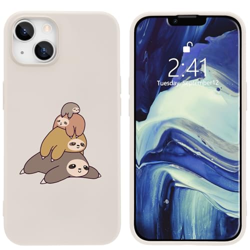 MAYCARI Süße Faultier Muster Silikon Hülle Kompatibel mit iPhone 14 Frauen Mädchen Aesthetic Design Ultra Dünn Weiß Flüssigsilikon Handyhülle Rundumschutz Cover mit Mikrofaserfutter von MAYCARI