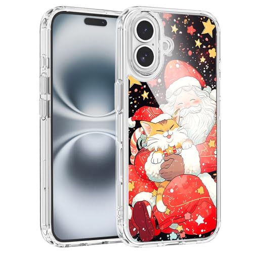 MAYCARI Weihnachts-Handyhülle für iPhone 16 Pro, transparent, schlank, stoßfest, Acryl, Motiv: Happy Santa Cat Cartoon Design, Cartoon, transparent, für Jungen, Damen, Herren von MAYCARI