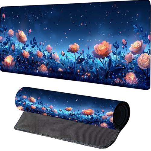 Rosa Gaming Mousepad 600x300x3mm, Blume Mauspad XXL mit Vernähte Kanten, rutschfeste Schreibtischunterlage Verbessert Präzision und Geschwindigkeit, ür Gaming Zubehör, Geschenke für Männer C-8231 von MAYINGOU