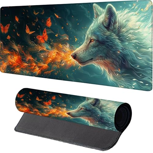 Weiß Mauspad, Wolf Gaming Mousepad XXL 1000x500x3mm, Schreibtischunterlage mit rutschfeste Gummibasis, Mouse Pad Verbessert Präzision und Geschwindigkeit, ür Pc Gaming Zubehör, Geschenke 2-1046 von MAYINGOU