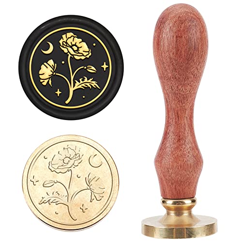 MAYJOYDIY Mohnblumen-Motiv Wachssiegel-Stempel 25 mm Mohnblumen Pflanzen Siegelwachs Mond Sternmuster abnehmbarer Messingkopf für Hochzeitsumschläge, Einladungen, Dekoration von MAYJOYDIY