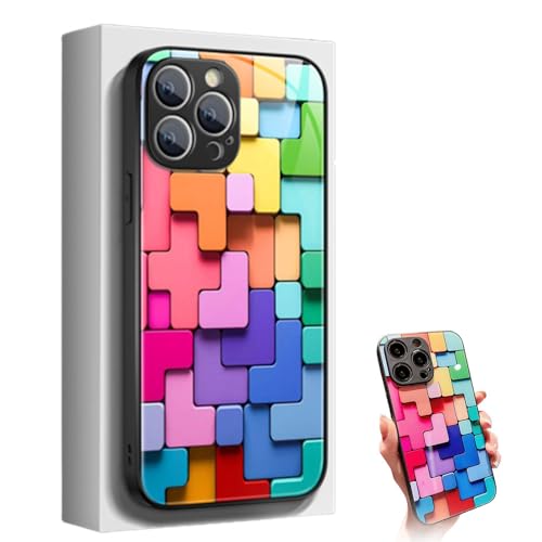 Flache 3D-Glashülle mit quadratischem Muster für iPhone 12 13 14 15 promax Hülle,Bunte Bausteine-Muster-Handyhülle, Coole Bunte Handyhülle, stoßfester Schutz (Schwarz,15 Pro) von MAYNUO