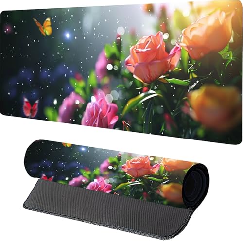 Blume Mousepad XXL 800 x 300mm, Schmetterling Gaming Mauspad, Schreibtischunterlage mit Rutschfester Gummibasis, Gaming Mauspad Verbessert Präzision und Geschwindigkei, Mouse Pad für Pc Zubehör 8-6680 von MAYUPEOU