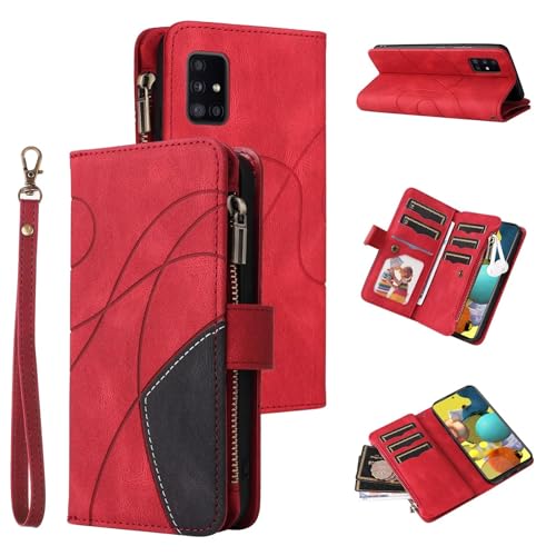 MBSLFY Handyhülle Leder für Samsung Galaxy A51 5G Hülle,Retro Reißverschluss Handytasche mit 9 Kartenfächer/Handschlaufe Geldbörse Trageband Schutzhülle Folio Wallet Case,Rot von MBSLFY
