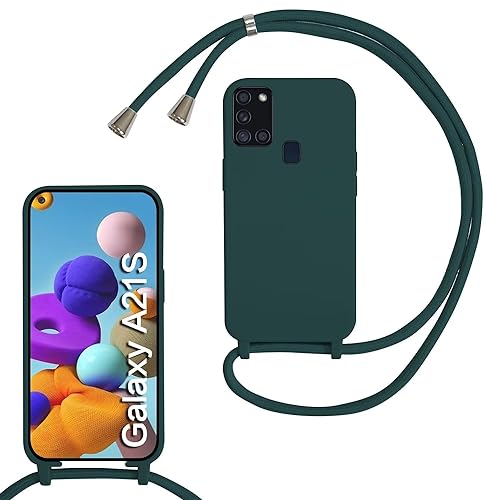 MBSLFY Silikon Handykette für Samsung Galaxy A21S Necklace Hülle mit Band, Verstellbarer Halskette Handyhülle, Handyhülle für zum Umhängen, Case mit Schnur, Dunkel grün von MBSLFY