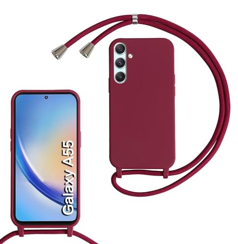 MBSLFY Silikon Handykette für Samsung Galaxy A55 Necklace Hülle mit Band, Verstellbarer Halskette Handyhülle, Handyhülle für zum Umhängen, Case mit Schnur, Rot von MBSLFY