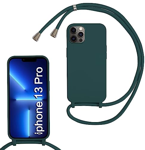 MBSLFY Silikon Handykette für iPhone 13 Pro Necklace Hülle mit Band, Verstellbarer Halskette Handyhülle, Handyhülle für zum Umhängen, Case mit Schnur, Dunkel grün von MBSLFY