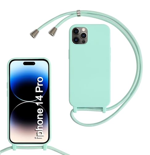 MBSLFY Silikon Handykette für iPhone 14 Pro Necklace Hülle mit Band, Verstellbarer Halskette Handyhülle, Handyhülle für zum Umhängen, Case mit Schnur, Minz grün von MBSLFY