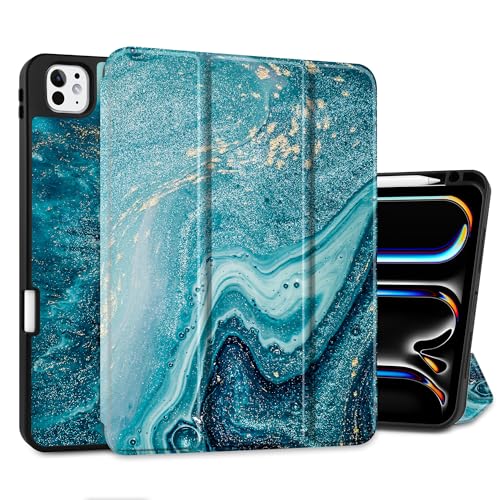 MEEgoodo Hülle für M4 iPad Pro 11 Zoll Hülle 2024, Tablet-Hülle mit dreifach faltbarem Ständer & Stifthalter & Auto Wake/Sleep & Soft TPU Back Cover, Abstraktes Ozean von MEEgoodo