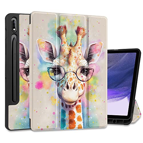 MEEgoodo Schutzhülle für Samsung Galaxy Tab S9/S9 FE 11 Zoll Cover 2023 mit Stifthalter, Schutzhülle für Tablet mit Lederklappständer + weiche TPU-Rückschale + Smart Auto Wake/Sleep, Giraffe von MEEgoodo