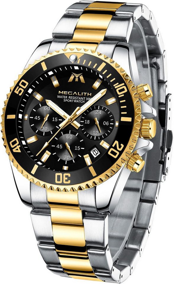 MEGALITH Fur Herren 43mm Chronograph Edelstahl Designer Armband Watch, Wasserdicht Leuchtende Analog Datum Business Elegant Geschenk von MEGALITH