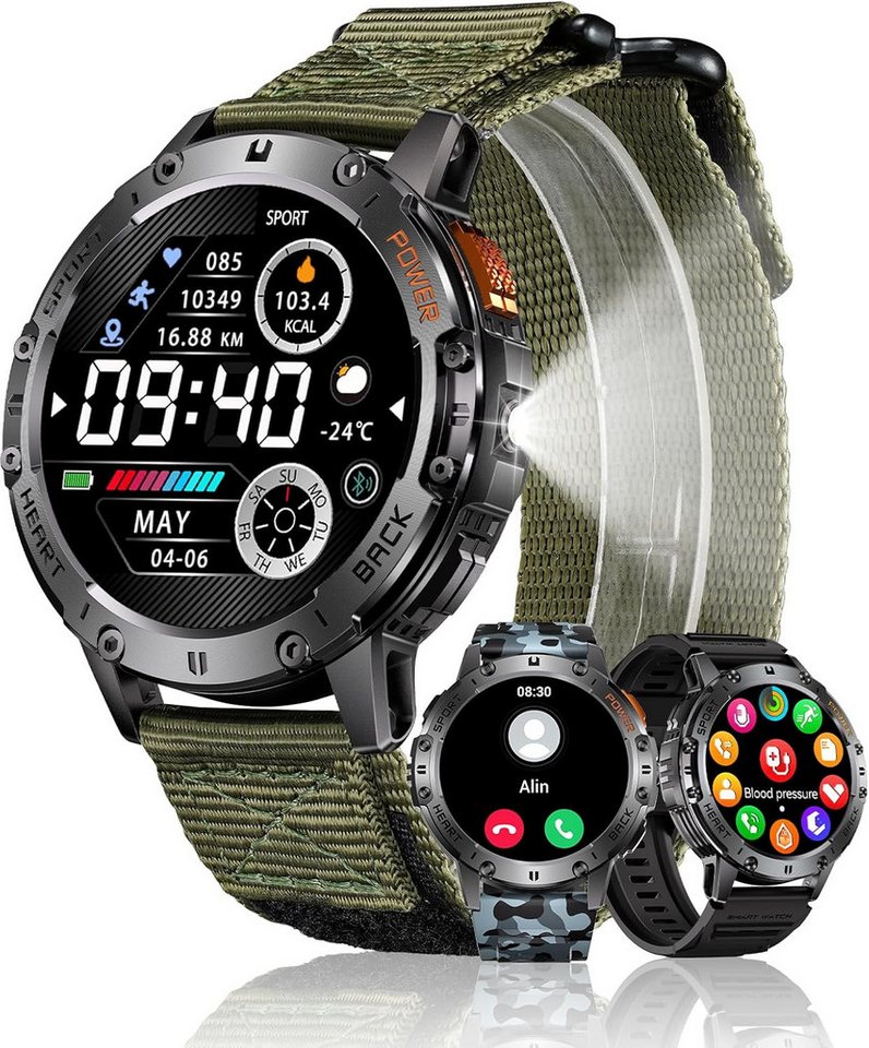 MEGALITH Herren's Fitness-Tracker IP68 Wasserdicht Smartwatch (1,43 Zoll, Android/iOS), mit LED Taschenlampe, Blutdruck, Schrittzähler und Pulsmesser von MEGALITH