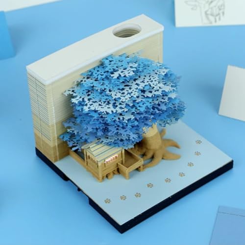 MEICHI 3D Notizblock, nicht verklebt, 3D Baumhaus (Blau) Papierkunst mit Anzeigebox glasklar, 9 x 9 x 6 cm, 260 Blätter, Tischdeco von MEICHI