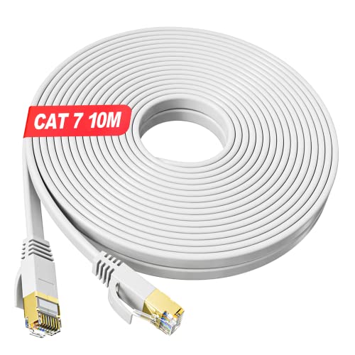 LAN Kabel 10 meter Weiß, Cat 7 Flach Netzwerkkabel 10m, Hochgeschwindigkeits Gigabit Ethernet Kabel Weiss RJ45 Internet Kabel, 600MHZ Schirmung Patchkabel für Router, Switch, Modem, PS5, Xbox One von MEIPEK