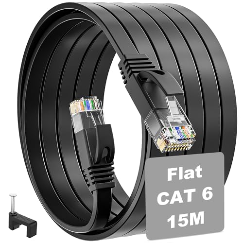 LAN Kabel 15 Meter Cat 6, Flach Wlan Kabel 15M, Netzwerkkabel High Speed Schwarz Ethernet Kabel, RJ45 Kabel Dünn Internetkabel, 1Gbps Patchkabel Gigabit Lankabelverlaengerung für Router Modem von MEIPEK