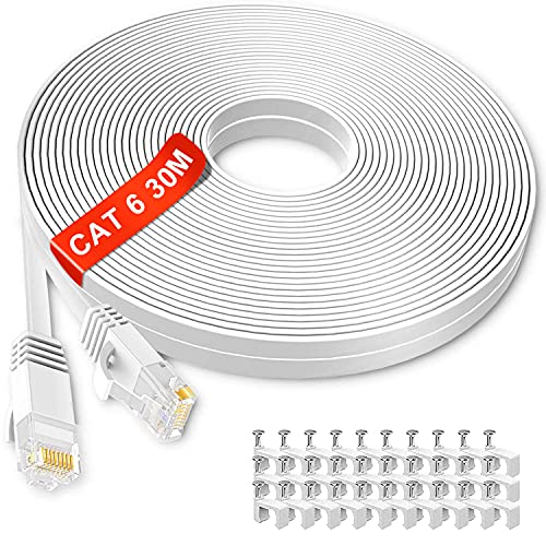 LAN Kabel 30 meter, Cat6 Flach Netzwerkkabel 30m, Reines Kupferkern Ethernet Kabel Gigabit Hochgeschwindigkeit Internet Kabel, Cat 6 Verlegekabel 30m Lange RJ45 Patchkabel für Router Modem Switch von MEIPEK