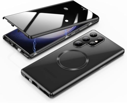 MEIQIBAO Hülle für Samsung Gala S23 Ultra 5G(6.8) Magnetische Adsorption Metall Stoßstange mit 360 Grad Schutz Ultra Dünn Transparent Gehärtetes Glas Unterstützt drahtloses Laden，Black von MEIQIBAO