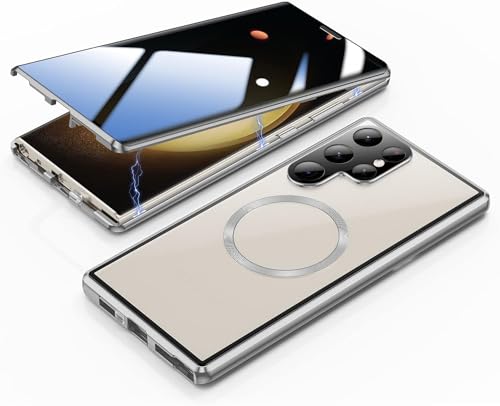 MEIQIBAO Hülle für Samsung Gala S23 Ultra 5G(6.8) Magnetische Adsorption Metall Stoßstange mit 360 Grad Schutz Ultra Dünn Transparent Gehärtetes Glas Unterstützt drahtloses Laden，White von MEIQIBAO