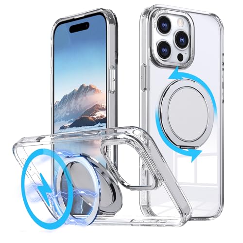 MEIQIBAO für iPhone 16 Pro Max magnetisch Hülle mit 360 Grad drehen Metall Ring Ständer & Kameraschutz Weich TPU Bumper Stoßfest Hart PC Rückseite Kratzfest ultradünn Tough Schutzhülle,transparent von MEIQIBAO