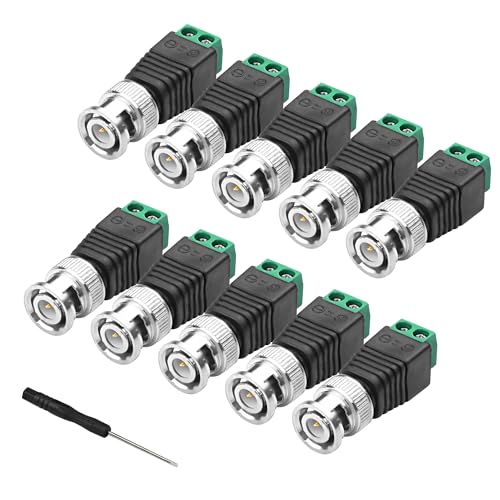 MEIRIYFA BNC Male Balun Stecker, 10Pack BNC auf Cat5e Adapter BNC Stecker auf 2 Schraubklemme Lötloser Adapter für Coax Cat5/6 auf BNC CCTV Sicherheitsüberwachung von MEIRIYFA