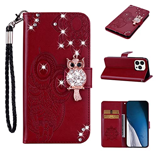 MEMAXELUS Wallet Case für iPhone 24 Pro Max, Premium PU Leder Hülle mit niedlichem Eule Diamant Design, Kartenhalter Slot Kickstand Flip Phone Case Kompatibel mit iPhone 24 Pro Max 6,9 Zoll Eule Braun von MEMAXELUS