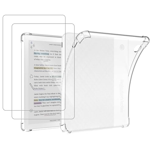 MEMELOKA Hülle für Kobo Libra Colour 7 Zoll mit 2 Stück Schutzfolie, Weiche Stoßfeste Anti-Gelbfärbung Silikon Schutzhülle mit Verstärkten Airbags - (Transparent) von MEMELOKA