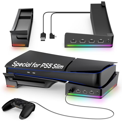 MENEEA Horizontaler Ständer Nurfür PS5 Slim Konsole mit 4-USB Port Hub & 14 RGB Lichtmodi, Seitenständer mit P5 Controller Lade Daten Port, Basis Halter Zubehör für Playstation 5 Disc & Digital -Slim von MENEEA