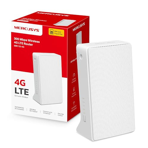 Mercusys MB110-4G LTE Router, 4G Router unterstützt SIM Karten, 4G Cat4 bis zu 150 Mbit/s, WLAN 2.4GHz N300, 2X 100 Mbps Ports, Plug and Play, bis zu 32 Geräte, MERCUSYS App von MERCUSYS