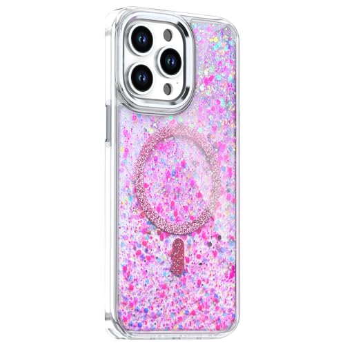 MFAOSHI Glitzerhülle Für iPhone 16 Pro Max/16 Pro/16 Plus/16, Magnetisch Damen Schlanke Linsenrahmen Standhülle Transparent Anti-Vergilbungsschutz,Rosa,16 Pro Max von MFAOSHI