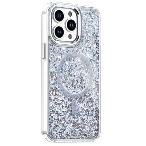 MFAOSHI Glitzerhülle Für iPhone 16 Pro Max/16 Pro/16 Plus/16, Magnetisch Damen Schlanke Linsenrahmen Standhülle Transparent Anti-Vergilbungsschutz,Silber,16 von MFAOSHI