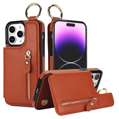 MFAOSHI Handyhülle Für iPhone 16 Pro Max/16 Pro/16 Plus/16, Ultra -Dünne Kartenfach Lederhülle mit Hängender Ring Schutzhülle,Orange,16 von MFAOSHI