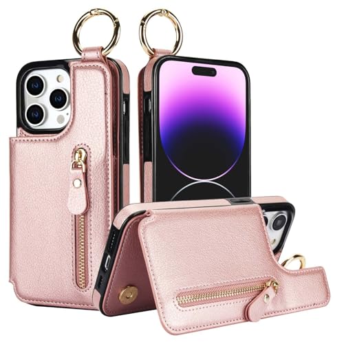 MFAOSHI Handyhülle Für iPhone 16 Pro Max/16 Pro/16 Plus/16, Ultra -Dünne Kartenfach Lederhülle mit Hängender Ring Schutzhülle,Rosa,16 Pro Max von MFAOSHI