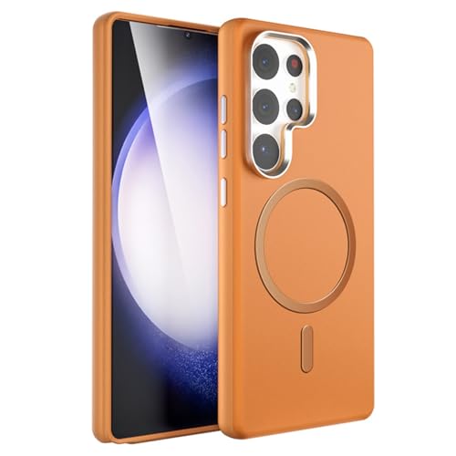 MFAOSHI Magnetisch Hülle für Samsung Galaxy S25 Ultra/S25 Plus/S25, Dünne AntiFingerabdruck Lederhülle mit Metall Rahmen Kameraschutz Handyhülle,Orange,S25 Ultra von MFAOSHI