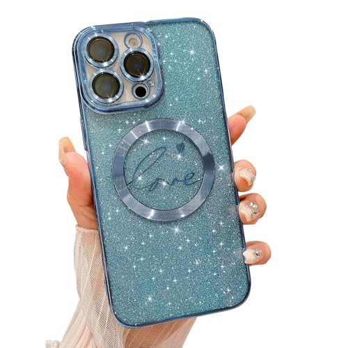 MGQILING Magnetische Glitzer-Hülle, kompatibel mit iPhone 16 Pro, Luxus-Herzmuster, Plating Bling Handyhülle, kompatibel mit MagSafe für Frauen und Mädchen, mit Kameraschutz, Rückabdeckung, Hellblau von MGQILING