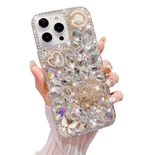 MQLING Schutzhülle für iPhone 16 Pro Max, glitzernde 3D-Diamant-Hülle, glänzende Kristalle, Strass, Rose, Perlen, Blumenkrone für Frauen und Mädchen, weiches Silikon, Weiß von MGQILING