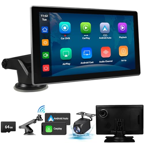 Tragbarer kabelloser Apple Carplay/Android Auto-Bildschirm fürs Auto, 9 Zoll IPS Touchscreen mit 4K-Dashcam und 1080p-Rückfahrkamera, Sprachsteuerung, BT, FM, Mirror Link für alle Fahrzeuge Tragbarer kabelloser Apple Carplay/Android Auto-Bildschirm fürs Auto, 9 Zoll IPS Touchscreen mit 4K-Dashcam und 1080p-Rückfahrkamera, Sprachsteuerung, BT, FM, Mirror Link für alle Fahrzeuge von MHCABSR